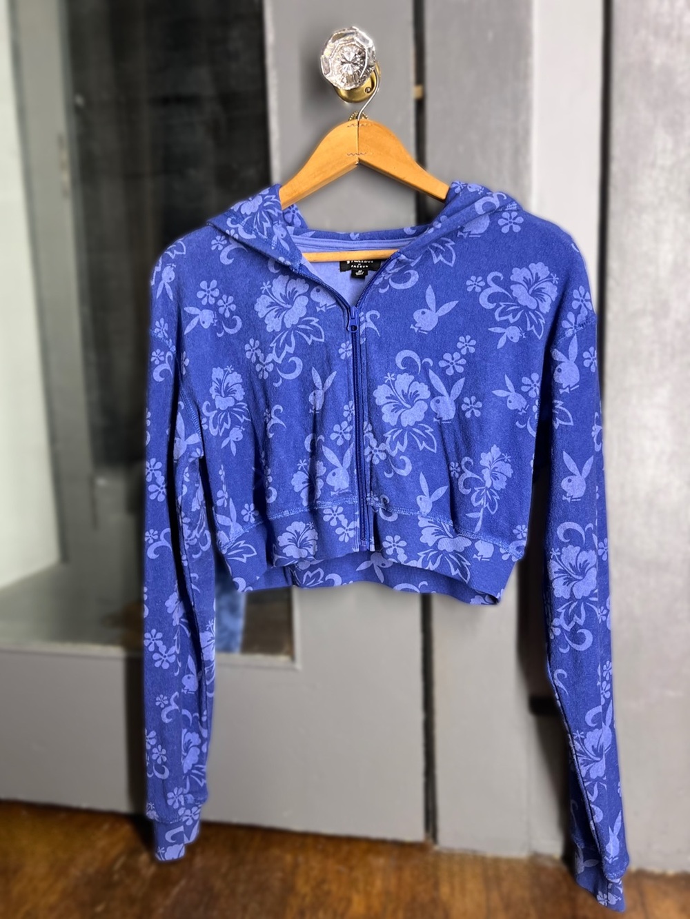 PLAYBOY Blue Floral Cropped Zip Hoodie